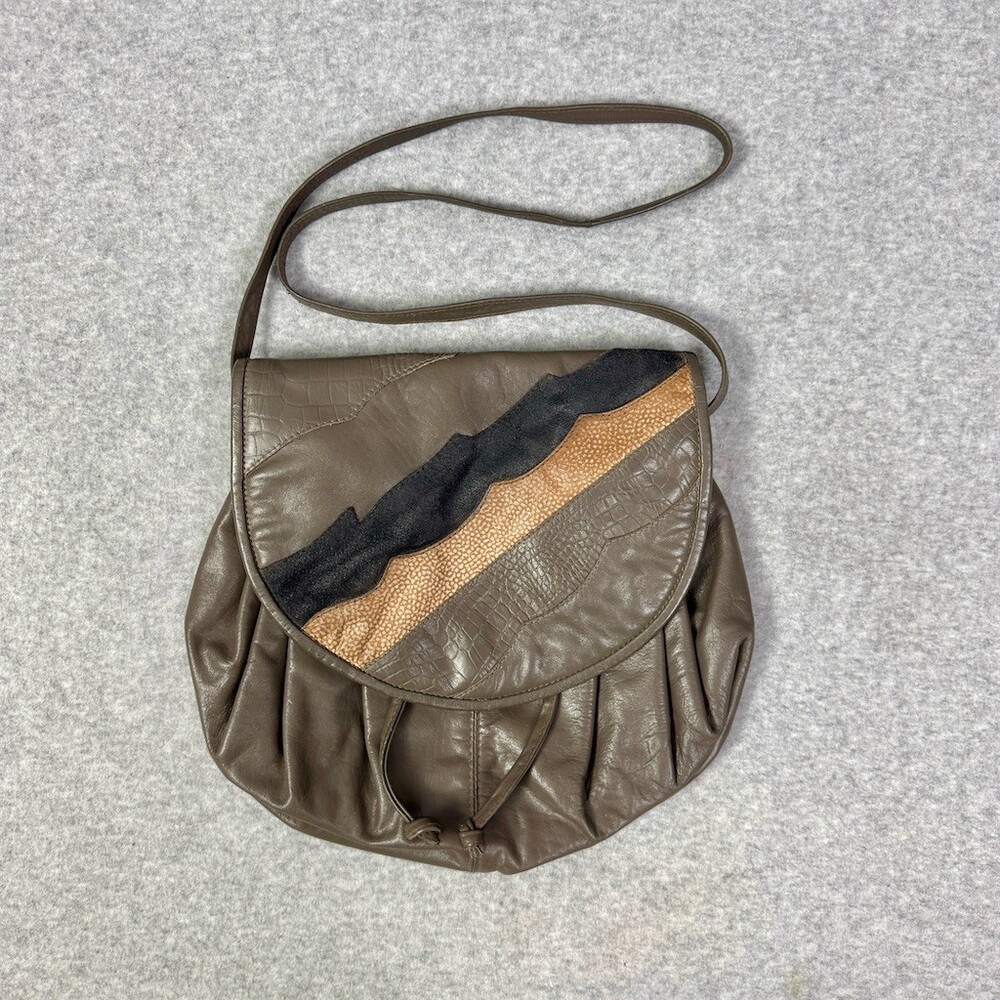 Vintage Leather Crossbody Bag Womens Taupe Gray Patchwork Drawstring Flap Boho